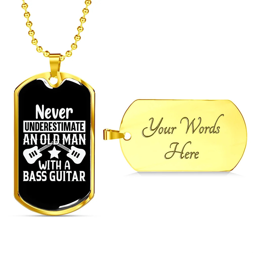 Musician Necklace Old Man With Base Guitar Personalized Engraved Gold Dog Tag N